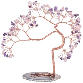 Nupuyai Irregular Amethyst & Rose Quartz Crystal Tree with Agate Slice Base, Money Tree Figurines Fengshui Crystals Ornament for Home Office Decor