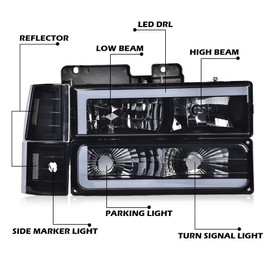 PIT66 LED DRL Headlight Assembly, Compatible with 1994-1998 Chevy C10 C/K 1500 2500 3500 Fit 94-99 Chevy Tahoe Suburban w/Turn Signal Lamps Bumper Lights Corner Lamps Smoke Lens Clear Reflector