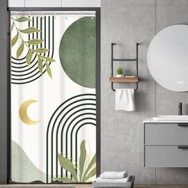 Riyidecor Small Stall Sage Green Boho Shower Curtain RV Single Half Size Mid Century Abstract Modern Geometric Simple 36Wx72H Inch Arch Leaves Fabric Decor Bathroom Polyester Waterproof Hooks