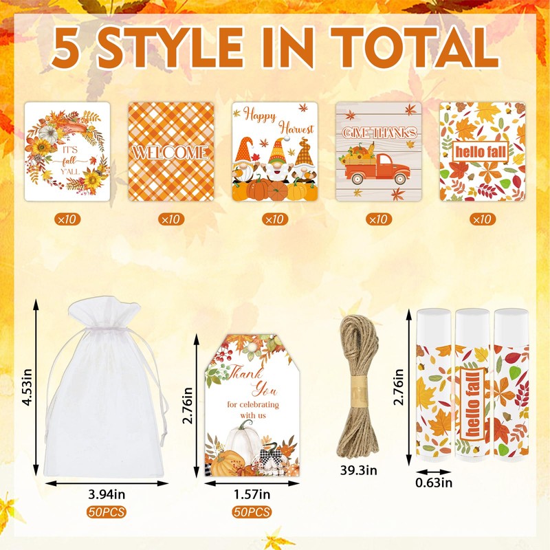 50Pcs Thanksgiving Party Favors Lip Balm Bulk Fall Pumpkin Lip
