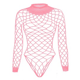 Tosmifairy Fishnet Mesh Bodysuit for Women Cool Punk Goth Stretch Leotard Long Sleeve Rompers Tops for Ladies,Pink