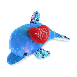 DolliBu I Love You Space Sequin Plush Purple Dolphin - Cute Stuffed Animal with Red Heart and with Name Personalization for Valentine, Anniversary, Romantic Date, Gift - 12"