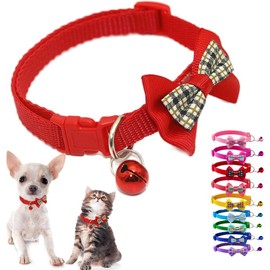 Red Cat Collar with Bell and Bow Tie, Soft XS Dog Collars Girl Adjustable Buckle for XXS XSmall Extra Small Puppies Female Male Tiny Pets Dogs Boy Kitten Yorkie Chihuahua X-Small