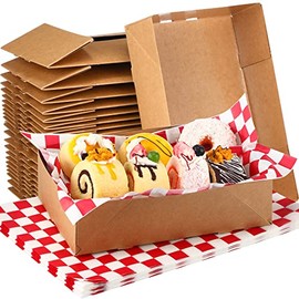 50 Packs Kraft Paper Food Tray 4 Corner Pop Up Paperboard Food Box Disposable Foldable Cardboard Trays Brown Greaseproof Food Paper Box with 50 Packs Checkered Food Wrapping Paper for Theater Stadium