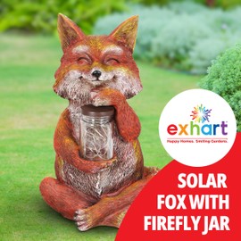 Exhart Garden Sculpture, Fox Solar Garden Statue with Glass Jar, 8 LED Firefly Lights, Outdoor Garden Decoration, 6.5 x 8 x 11.5 Inch