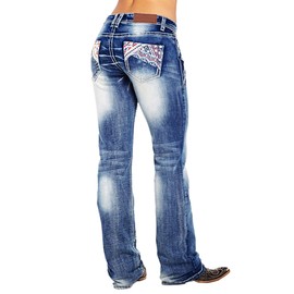 QJBMEI American Flag Embroidered Mid Rise Bootcut Jeans for Women,08-Dark Blue,Medium