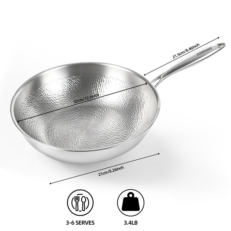 Pure Titanium Wok,12.6" Flat Bottom Wok Pan with Lid