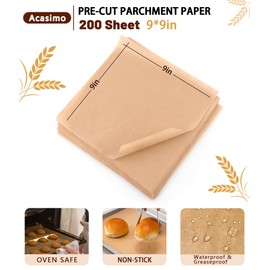 200PCS Parchment Paper Sheets, 9x9in, Squares Baking Paper for Baking, Air Fryer, Steaming, Grilling, Roasting, Wrapping, Precut Non-Stick Square Pan Liners, Oven Paper for Bread (Brown, 9x9 in)