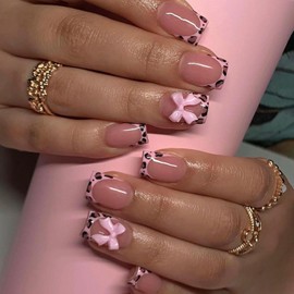 Leopard French Tip Press on Nails Short Square Fake Nails with Bow Desings Nude Glue on Nails Press ons Glossy False Nails Acrylic Stick on Nails for Women 24 Pcs