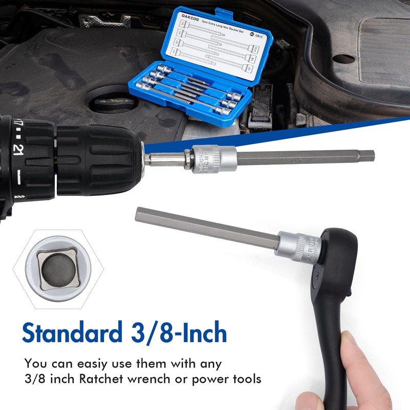 DAKCOS 7-Piece Long Hexagonal Socket Set 3/8 Inch Hex Bit