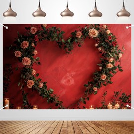 Romantic Rose Floral Heart Wreath Backdrop for Photography, Wedding Bridal Shower Birthday Party Decor Background Banner Studio Props 72x43 Inch