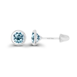 Solid 14K White Gold 4mm Round Natural Sky Blue Topaz December Birthstone Bezel Screw Back Stud Earrings