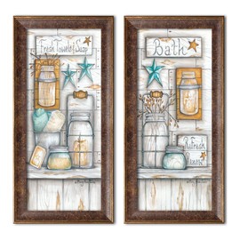 Gango Home Decor Country-Rustic Fresh Towels & Soap & Refresh & Renew by Mary Ann June (Ready to Hang); Two 8x18in Gold Trim Framed Prints