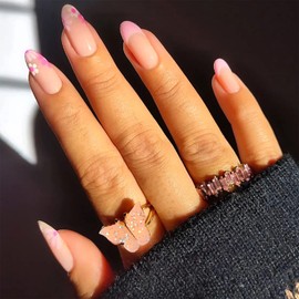 SINHOT Medium Press on Nails Almond Fake Nails Glossy Stiletto Glue on Nails French Tip Nails Cute Pink Daisy Acrylic Nails with Designs 24 pcs