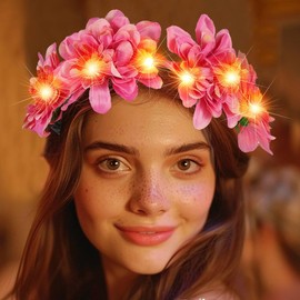 Zoestar Luminous Flower Crown Headbands LED Hair Wreath Headband Bridal Flower Garland Headpiece Festival Party Hair Accessories for Women (Red, Standard Size)