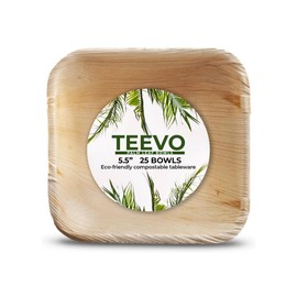 Teevo Palm Leaf Bowls x 25, Disposable Bowls for Parties, Strong 5" Square Party Bowls, Outdoor Tableware for Garden, BBQ, Camping, Picnic, Natural & Sustainable, Reusable, Eco Friendly, Compostable
