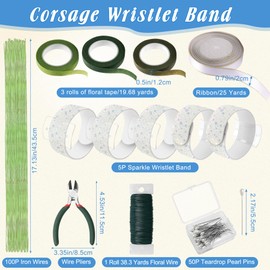 AHIER 161 PCS DIY Wrist Corsage Making Kit with 5P Wrist Corsage Bracelets, Floral Wire and Cutter, Floral Tape, Pin, Ribbon for Wedding Party Boutonniere Supplies