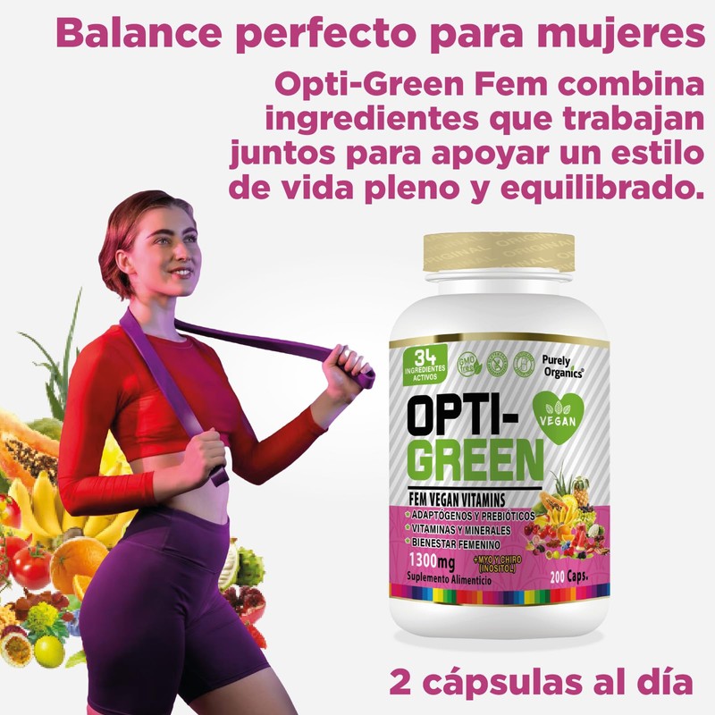 Opti-Green FemVegan Vitamins 200 Caps. Adaptogenos, Prebióticos, Vitaminas y Minerales