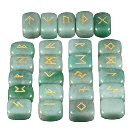 mookaitedecor Rune Stones Set with Engraved Elder Futhark Alphabet Crystal Meditation Divination, Green Aventurine