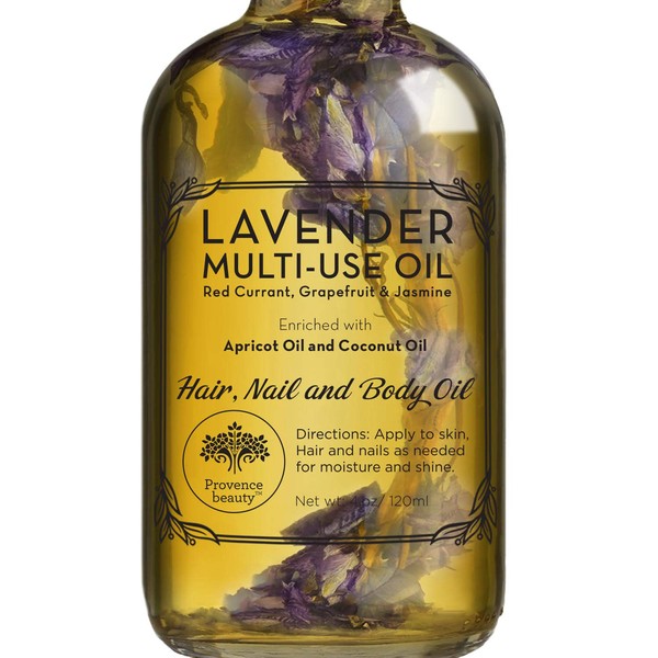 Lavender Multi-Use Oil for Face, Body and Hair - Organic Blend of Apricot, Vitamin E, Fractionated Coconut and Sweet Almond Oil Moisturizer for Dry Skin, Scalp and Nails - 4 Fl Oz