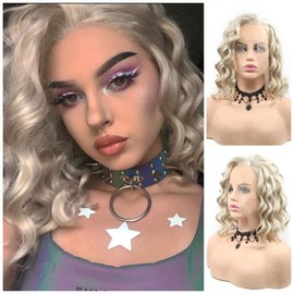 RainaHair 14" Short Wavy Wig Heat Resistant Side Part Pastel Blonde Lace Front Wigs for Women Bob Fashion New Hairstyle Half Hand Tied Party Drag Queen