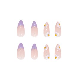 JUSTOTRY 24 Pcs False Nails Short, Yellow and White Flowers Almond Press on Nails with Designs, Purple French Tip False Nails , Stick on Nails for Women, Acrylic Fake Nails with Glue for Women Nails Art