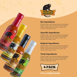 Howler Monkey - Sauce Combo - Original, Amarillo, Verde, Hot Flavors - Panamanian-Style Aji Chombo Hot Sauce - Gluten-Free - 5 oz (4-Pack)