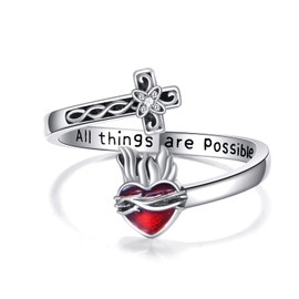 Cross Rings 925 Sterling Silver Sacred Heart of Jesus Ring Christian Religious Cross Faith jewellery for Women Mom