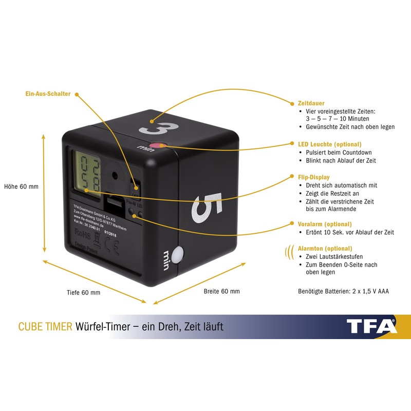 TFA Dostmann Digital Cube Timer, Black, L 60 x B