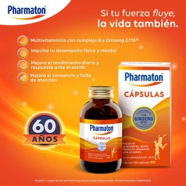 Pharmaton Multivitamnico para Adultos 100 Cpsulas. Auxiliar en el Tratamiento de Sntomas como la Disminucin de la Capacidad Fsica y el Estrs          