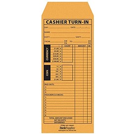 Bank Supplies Cashier Turn in Envelope | 500 Envelopes | 4-1/2W x 10-3/8H | Standard Open End | Cashier Report Envelope | Brown Kraft Paper | Moisten & Seal Closure