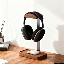 Solid Wood Headphone Stand for Gaming and Office Desks – Walnut-Style Design with Aluminum Alloy Support for Desktop Organization