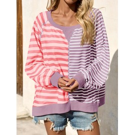 Tankaneo Womens Oversized Sweatshirt Striped Color Block Crew Neck Tops Casual Long Sleeve Tunic Shirts Purple