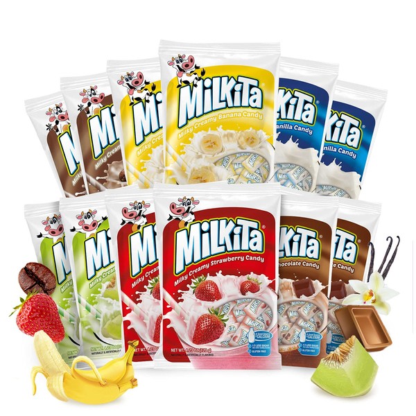 Milkita Creamy Shake Candy Pack of 12, Gluten Free Chewy Candies with Calcium & Real Milk, Zero Trans Fat, Low-Sugar, Assorted Flavors (Vanilla, Strawberry, Chocolate, Cappuccino, Honeydew, Banana), 360 Pcs