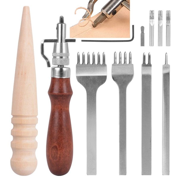 Leather Tools Set Hand Tools Couture Leather Craft Hand Sewing, 1 Set Hole Punching Stitching Punch Tool Pen + 1 Set Leather Planer Leather Groover + 1 Round Leather Craft Tool Edge Polisher