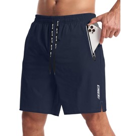 QOSOQ - Pantalones cortos deportivos para hombre con bolsillos con cierre, ligeros, de secado rápido, pantalones cortos de fitness casuales, marino, X-Large