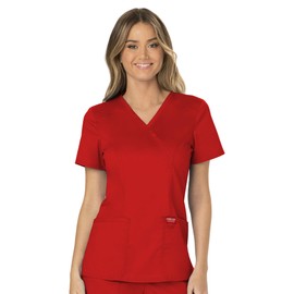 Cherokee Scrubs for Women Mock Wrap Top with 3 Pocket, Back Princess Seams Plus Size WW610, 3XL, Red