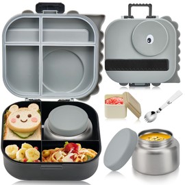 Pawtong Bento Lunch Box with Thermo, 4-Compartment Bento Box with Adjustable Dividers, Leakproof Dinosaur Lunch Box with 14.2OZ Insulated Food Jar & Sauce Jar, for School Office Travel(Grey)