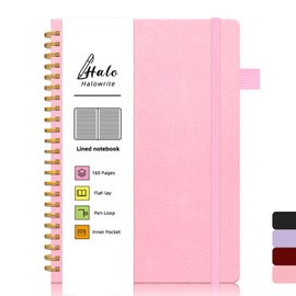 Spiral Notebook, Spiral Lined Journal Notebook for Women, 6"x8.5", Halowrite Hardcover Journal with Pen Loop, Pocket, 160 Pages,100 GSM Thick Paper (Pink)