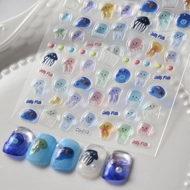 Summer Ocean Nail Art Stickers Decals Colorful Jellyfish Nail Decals 5D Embossed Nail Stickers Self Adhesive Nail Art Sliders Marine Life Jellyfish Nail Supplies Cute Cartoon Nail Decoration for Women