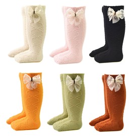 WBZOTSS 6 Pairs Baby Knee High Socks Toddlers Bow Ruffled Knee Socks Cotton School Uniform Socks Girls Tube Stockings Dress Socks (US, Age, 0 Months, 12 Months, 6 pairs)