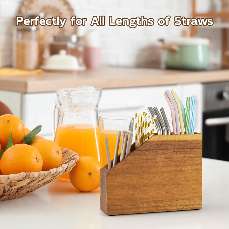 BWODYAY Straw Holder, Acacia Wood Straws Organizer, Cupboard Reusable Straws