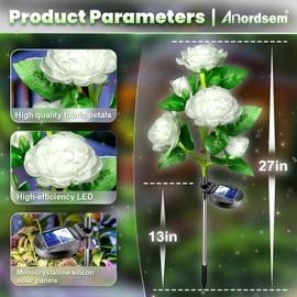 Anordsem Solar Garden Lights Outdoor: 5 Realistic Artificial White Roses Flower 2 Pack- Elegant Minimalist Memorial Lighting for Yard Cemetery Decorative- Gardening Gifts for Homeowners Friend