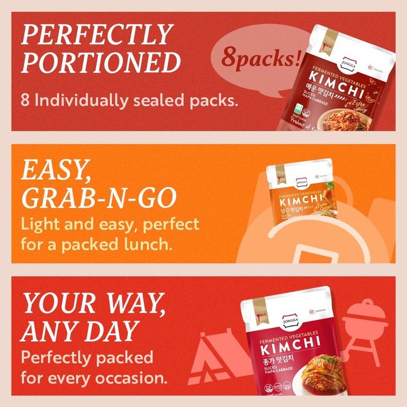 JONGGA Spicy Napa Cabbage Kimchi – (Pack of 8), Shelf-Stable