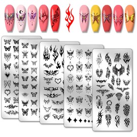 PH PandaHall 5pcs Schmetterling Nagel Stamping Plates Angel Wings Nagelschablonen Flammenmuster Maniküre Kunst Schablonen Feuer Herz Druck Nagelschablonen für Frauen Maniküre Salon DIY Designs 12x6cm