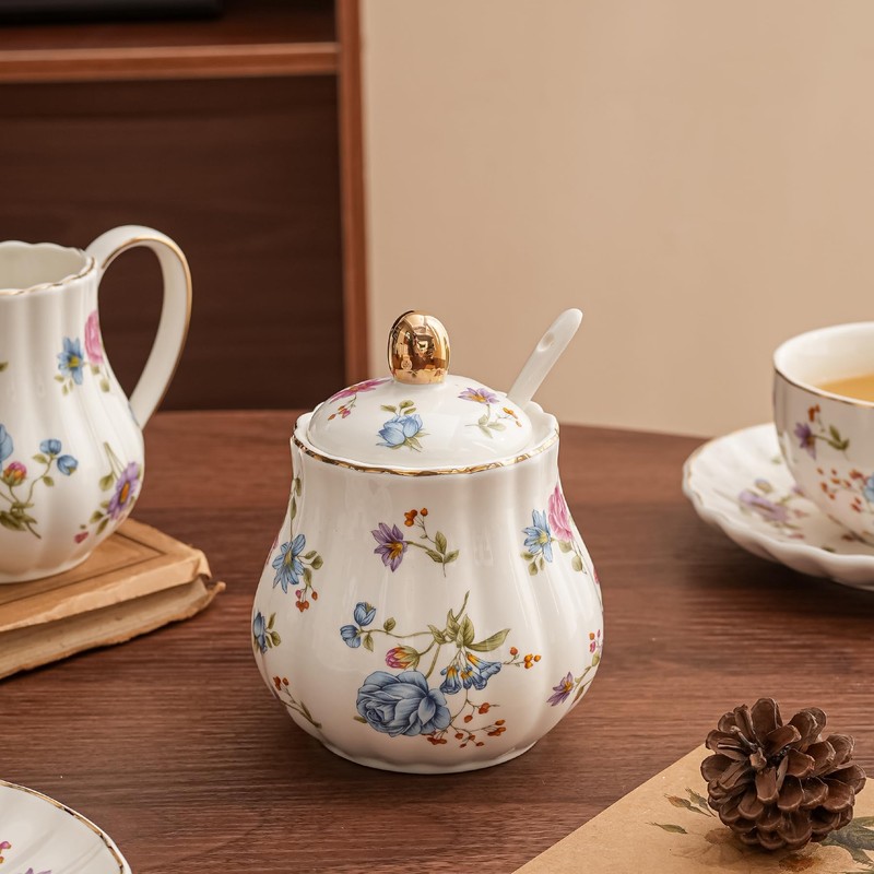 Ceramic Sugar and Creamer Set, 3 Piece Set with Cream