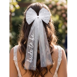 Woeoe Bride to Be Bow Veil White Wedding Hair Bow Clip with Pearl Bridal Bachelorette Party for Women