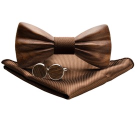 Mr.Van Wooden Bow Tie, Wooden Bow Tie Men's 3D Natural Black Walnut Cufflinks Pocket Square Set Groom Best Man Wedding Prom with Gift Box for Men