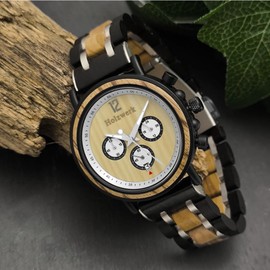 Holzwerk Germany Handmade Designer Men's Watch Eco Natural Wood Watch Chronograph Bracelet Watch Analogue Quartz Watch Brown Black Silver Date Wooden Dial, Chronograph, brown, silver, Strap.