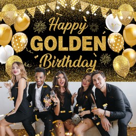 Black & Gold Happy Golden Birthday Banner - Large Happy Birthday Backdrop Decor for Adults - Luxury Golden Party Decorations for 21st, 30th, 40th, 50th, Milestone Celebrations 71x44 Inch